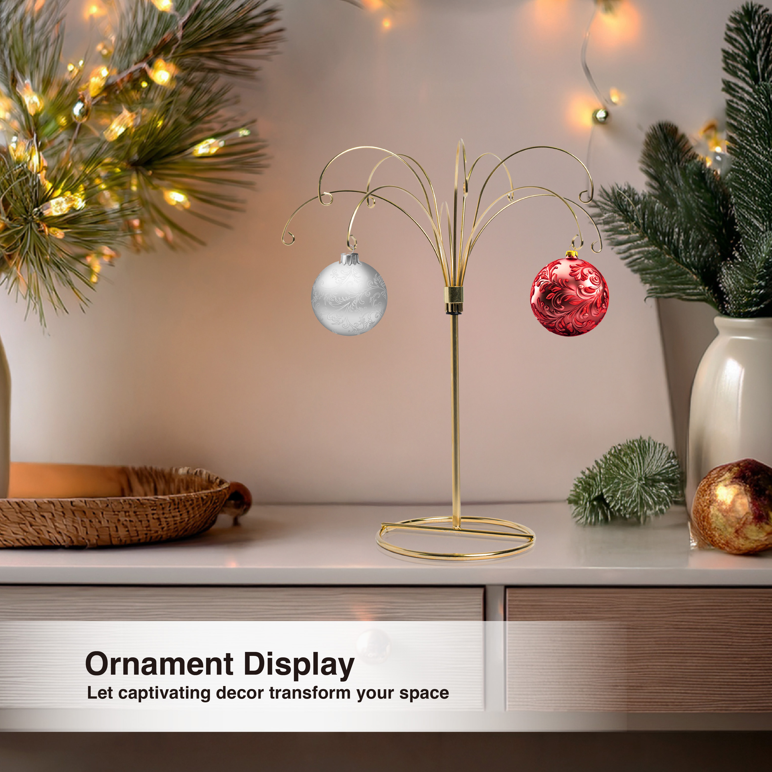 HOHIYA 2-Piece Ornament Display Stand 13.5 Inch Gold Heavy Duty Wire Hanging Holder Max Load 1.5 lbs for Glass Baubles and Easter Eggs Sturdy Metal Display Stand